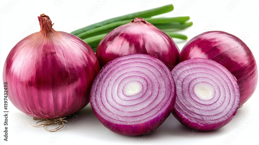 Poster isolated of a single onion placed on a white background showcasing smooth skin and vibrant color sto