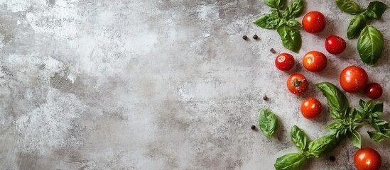 Fresh cherry tomatoes and basil leaves on a textured gray background with Copy Space for text placement.