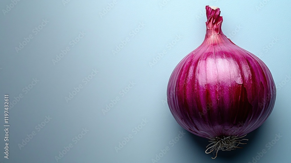 Poster isolated of a single onion placed on a white background showcasing smooth skin and vibrant color sto