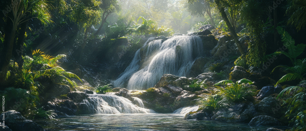Poster lush forest with a refreshing waterfall cascading over vibrant rocks
