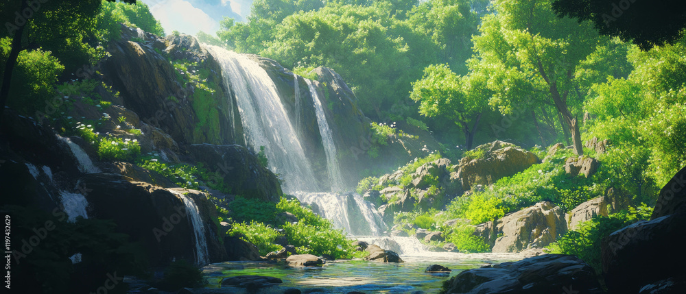 Poster lush forest with a refreshing waterfall cascading over green rocks in a serene landscape