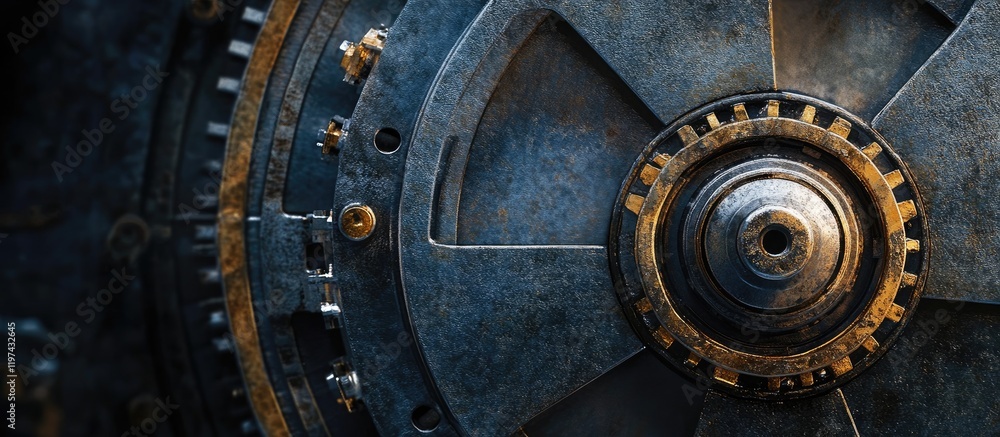 Poster industrial close-up of a metallic gear mechanism with aged texture and copy space for text placement