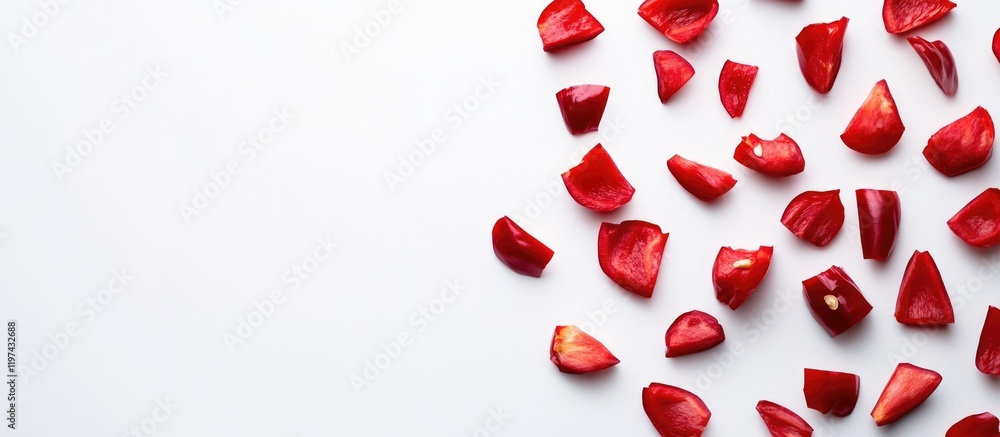 Poster red rose petals scattered on white background with ample copy space for text placement.