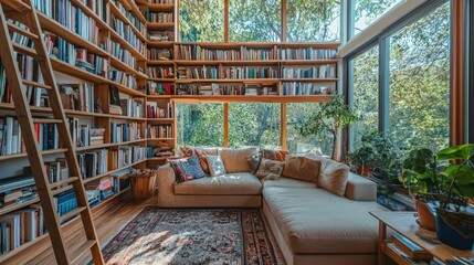 Fototapeta premium A living room featuring floor-to-ceiling bookshelves, a comfortable sofa, and a ladder for reaching high shelves.