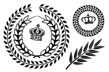 Obraz premium Laurel wreaths, black and white vector graphics, circular leaf designs, ancient Roman symbols, victory crowns, olive branch motifs, symmetrical patterns, award emblems, heraldic elements, minimalist l