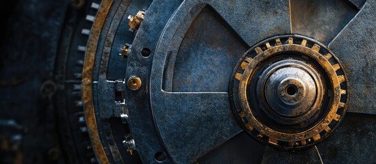 Obraz premium Industrial close-up of a metallic gear mechanism with aged texture and copy space for text placement.