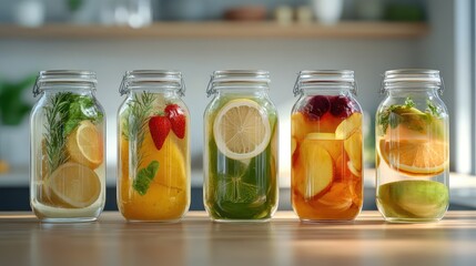 Variety of fruit beverages in transparent jars with whole fruits and design area