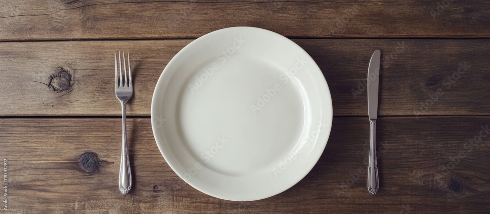 Poster empty white plate on wooden table with fork and knife arranged symmetrically on either side copy spa