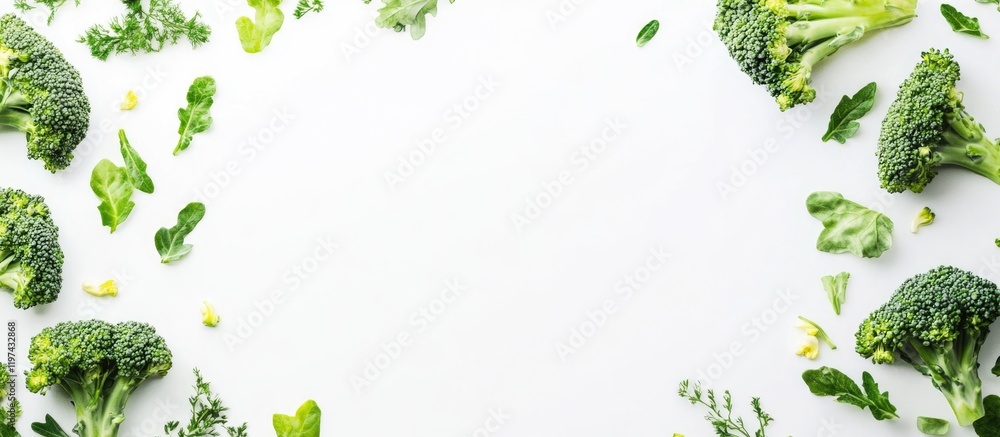 Poster fresh broccoli and leafy greens arranged on a white background with ample copy space for text insert