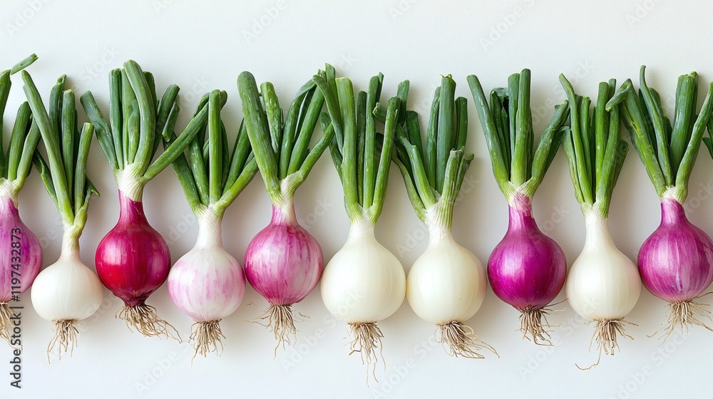 Poster isolated of a group of fresh onions arranged neatly on a white surface highlighting natural textures