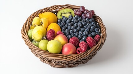 Colorful variety of fruits and berries in a brown wicker basket on a white background, emphasizing healthy eating habits and nutrition.