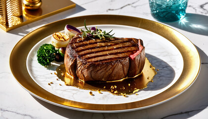 gourmet meal of grilled marble steak with gold