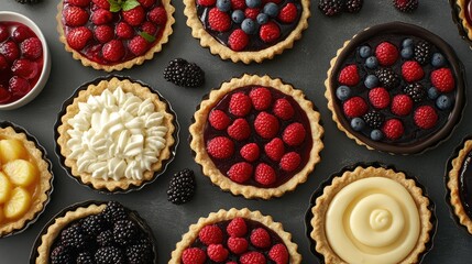 Variety of fruit tarts with fresh berries on a dark gray surface, overhead view
