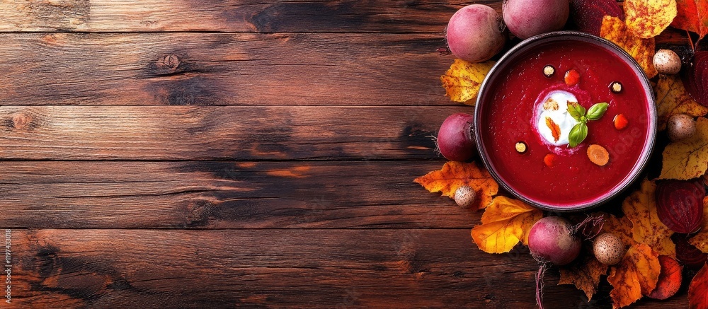 Poster Warm Autumn Beetroot Soup with Cream Garnish Surrounded by Colorful Fall Leaves on Rustic Wooden Background with Empty Space for Text