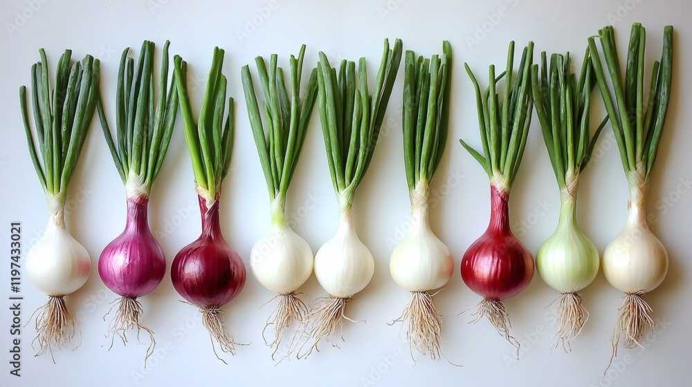 Poster isolated of a group of fresh onions arranged neatly on a white surface highlighting natural textures