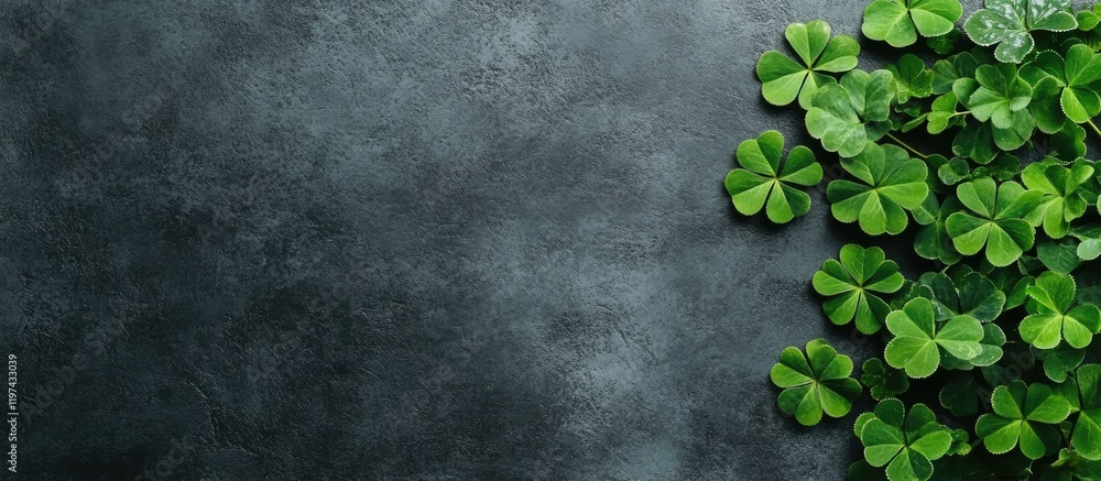 Poster green four leaf clovers on dark textured background with copy space for text placement