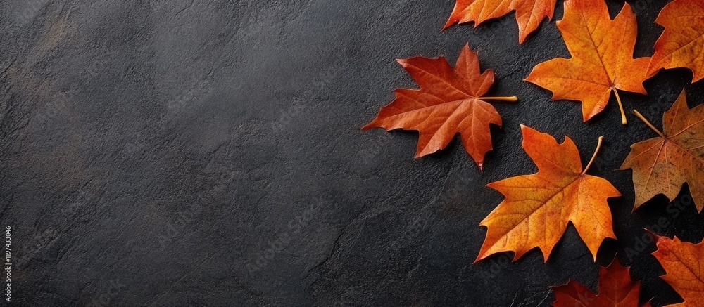 Aufkleber autumn leaves composition on dark background with copy space for text or content placement