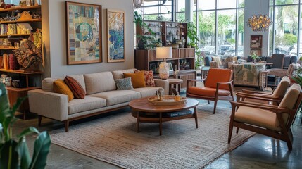 A living room showcasing a mix of modern and vintage furniture, with a cozy sofa and eclectic decor pieces.