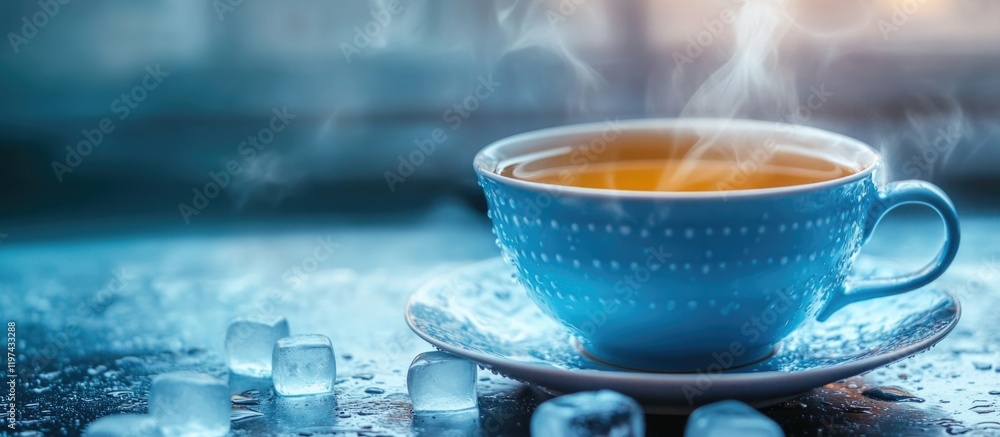 Poster steaming cup of coffee or tea on a saucer with ice cubes and condensation on table with soft focus b