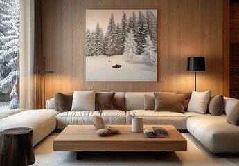A minimalist, modern living room with large windows, light wood accents, and white walls.