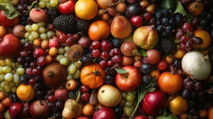 Colorful Arrangement of Mixed Fruits and Vegetables from Top View