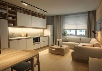Fototapeta premium A modern studio apartment with a kitchen, living room, and bedroom in a single space.