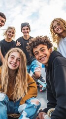 Diverse group of cheerful teenagers hanging out together outdoors, sharing genuine laughter and joy while sitting close for a casual photo on a bright sunny afternoon.