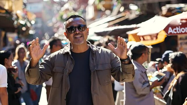 Director Shouting Action on Busy Film Set in Outdoor Market