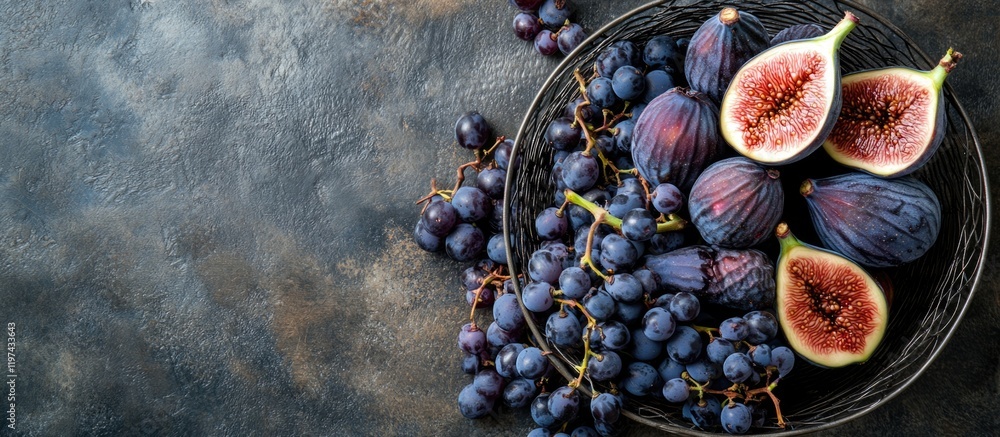 Aufkleber fresh figs and grapes arranged in a black bowl on a dark textured background with copy space for tex