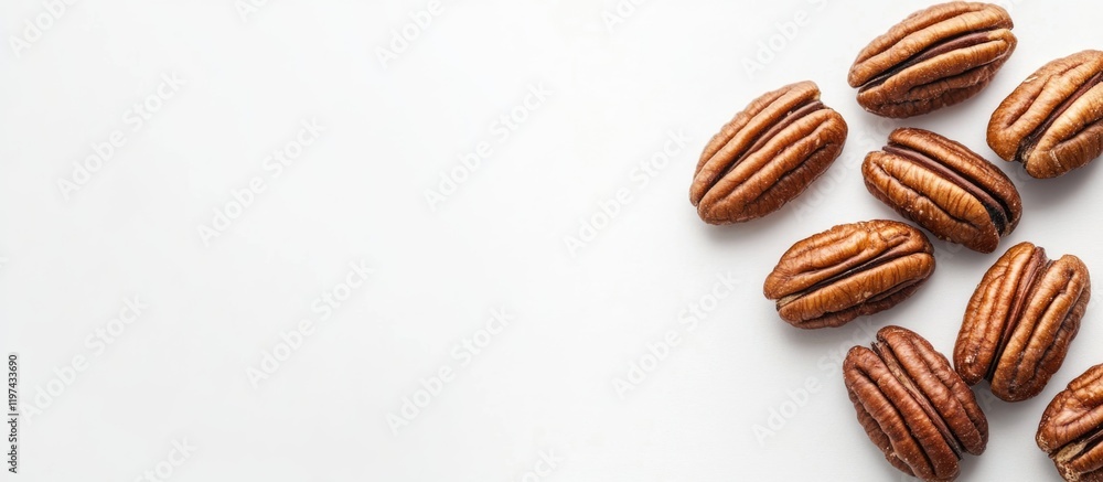 Poster pecan nuts on a white background with ample copy space for text inclusion
