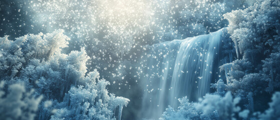 Obraz premium Frozen waterfall glimmers with ice crystals under a bright winter sunlight