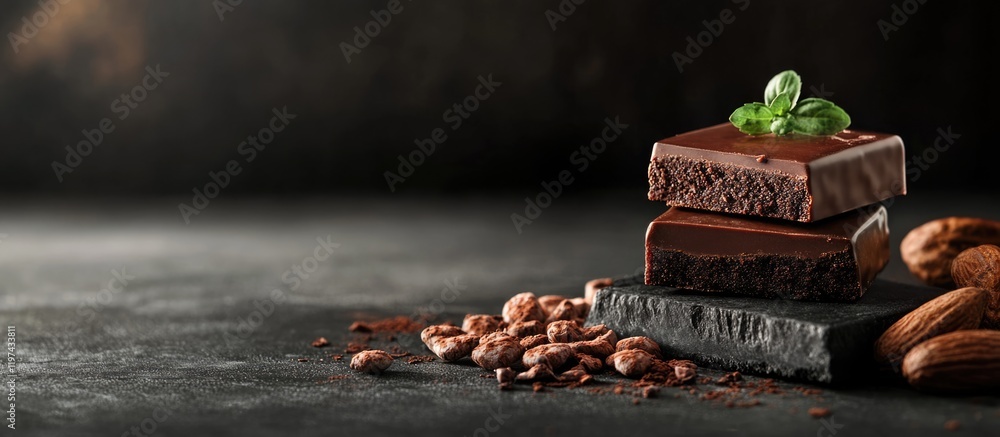 Poster dark chocolate pieces with cocoa beans and mint leaf on a textured stone surface with copy space for