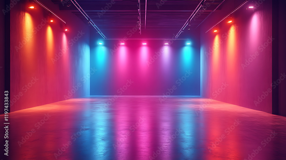 Poster vibrant illuminated empty gallery space with colorful lights reflecting on polished floor