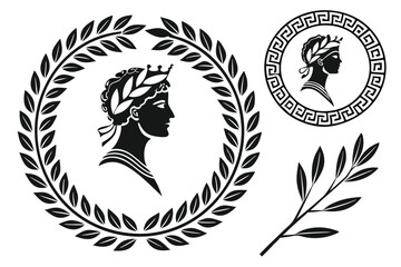 Laurel wreaths, black and white vector graphics, circular leaf designs, ancient Roman symbols, victory crowns, olive branch motifs, symmetrical patterns, award emblems, heraldic elements, minimalist l