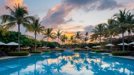 Fototapeta premium A picturesque view of a tranquil resort pool surrounded by lush palm trees and verdant foliage, bathed in the warm glow of a tropical sunset.