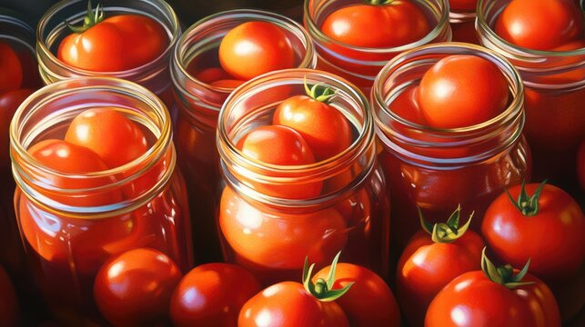 Assorted mason jars filled with ripe red tomatoes arranged beautifully.