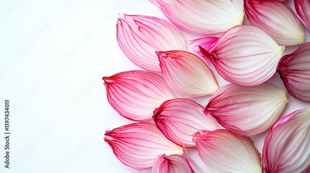 Poster Isolated of sliced onions revealing delicate layers and juicy texture on a pristine background Stock Photo with side copy space