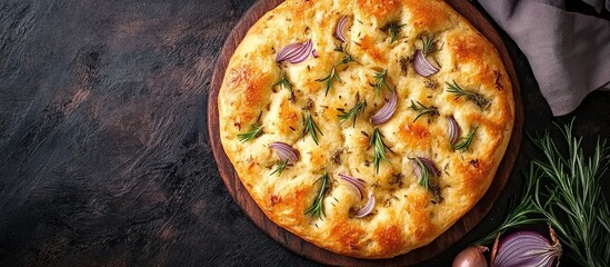 Freshly baked focaccia bread topped with rosemary, red onion, and herbs on a wooden board presented with copy space