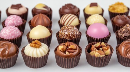 Gourmet chocolate truffles with various cream and nut fillings arranged in colorful rows against a neutral background.