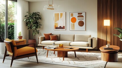 A living room with Scandinavian-inspired furniture, bold geometric patterns, and warm wood tones for a cozy feel.