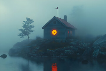 Foggy lake house, mysterious light, flag, rocks, album art