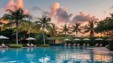 Obraz premium A picturesque view of a tranquil resort pool surrounded by lush palm trees and verdant foliage, bathed in the warm glow of a tropical sunset.