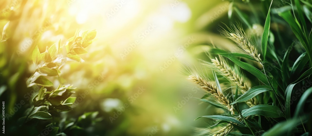 Poster nature background with green grass and plants illuminated by soft sunlight with bokeh effect and cop