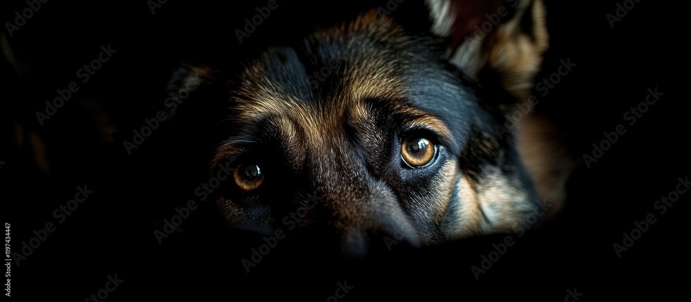 Poster Close-up of a dog's eyes partially obscured in shadow with focus on the intricate details and texture of the fur Copy Space