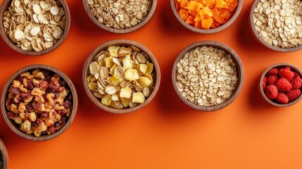 Assorted grains and cereals in wooden bowls arranged artistically on vibrant orange background with textured surface, showcasing various colors and types.
