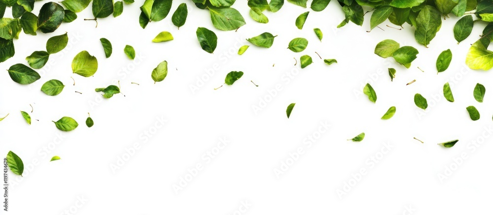 Poster green leaves falling with white background and ample copy space for text placement
