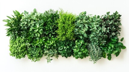 Obraz premium Assorted Green Plants Wall Display Featuring Varied Textures and Shades of Green on White Background in Horizontal Composition