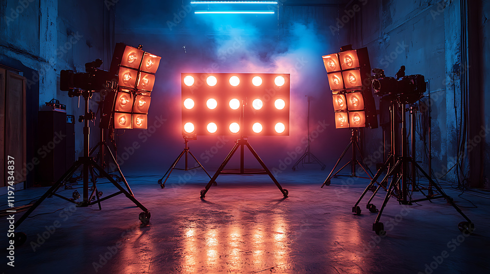 Poster brightly lit studio setup with multiple light panels creating a vibrant atmosphere for photography