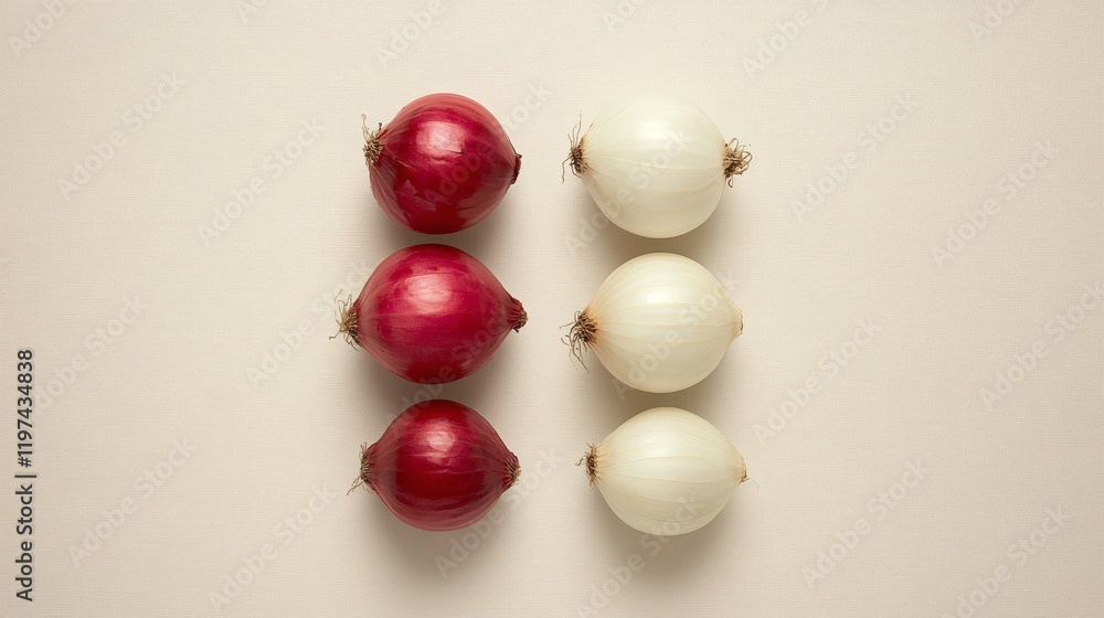 Poster isolated of red and white onions arranged side by side for a striking contrast stock photo with side
