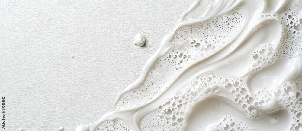 Poster white creamy texture with flowing patterns and bubbles over a smooth background suitable for copy sp